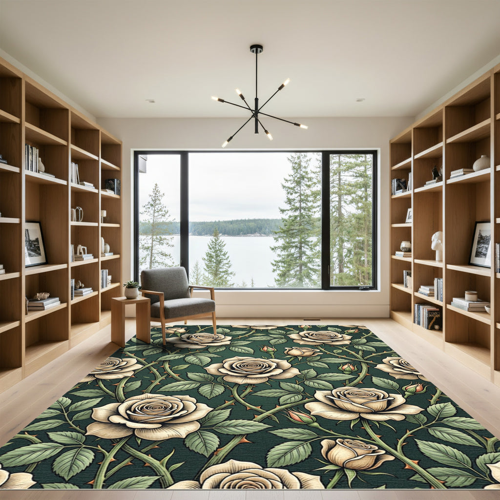 Vintage Cream Rose Floral Dark Green Rug