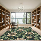 Vintage Cream Rose Floral Dark Green Rug