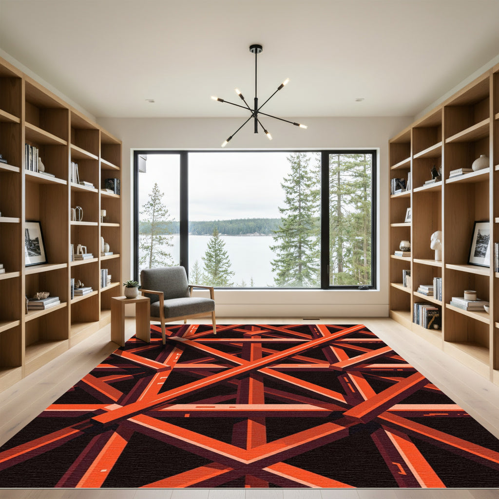 Crimson Geometric Grid Structure Rug