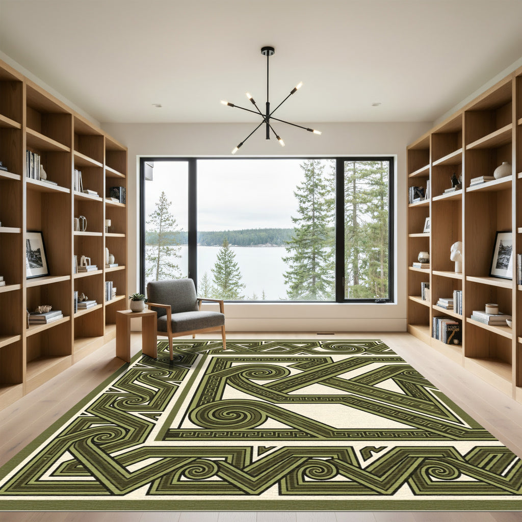 Olive Green Interlocking Geometric Swirl Rug
