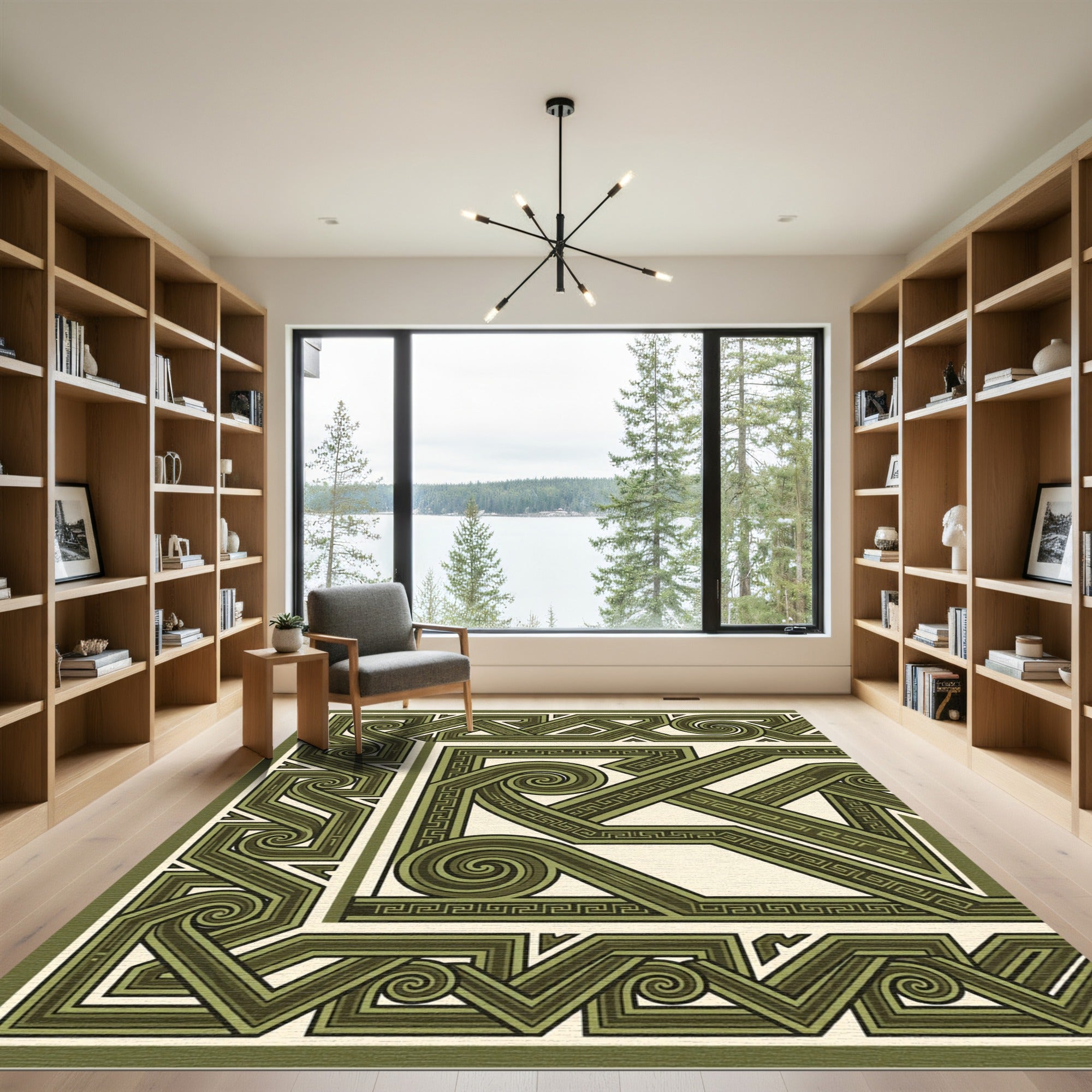Olive Green Interlocking Geometric Swirl Rug