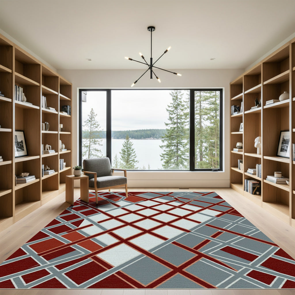 Crimson Gray Intersecting Lines Rug