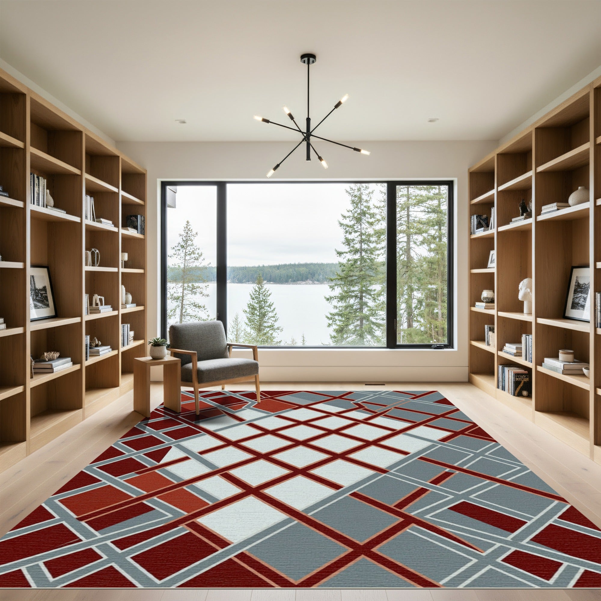 Crimson Gray Intersecting Lines Rug