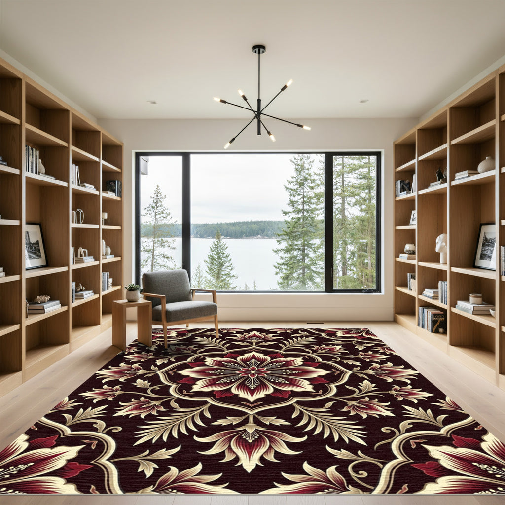 Crimson Floral Medallion with Cream Accents Rug