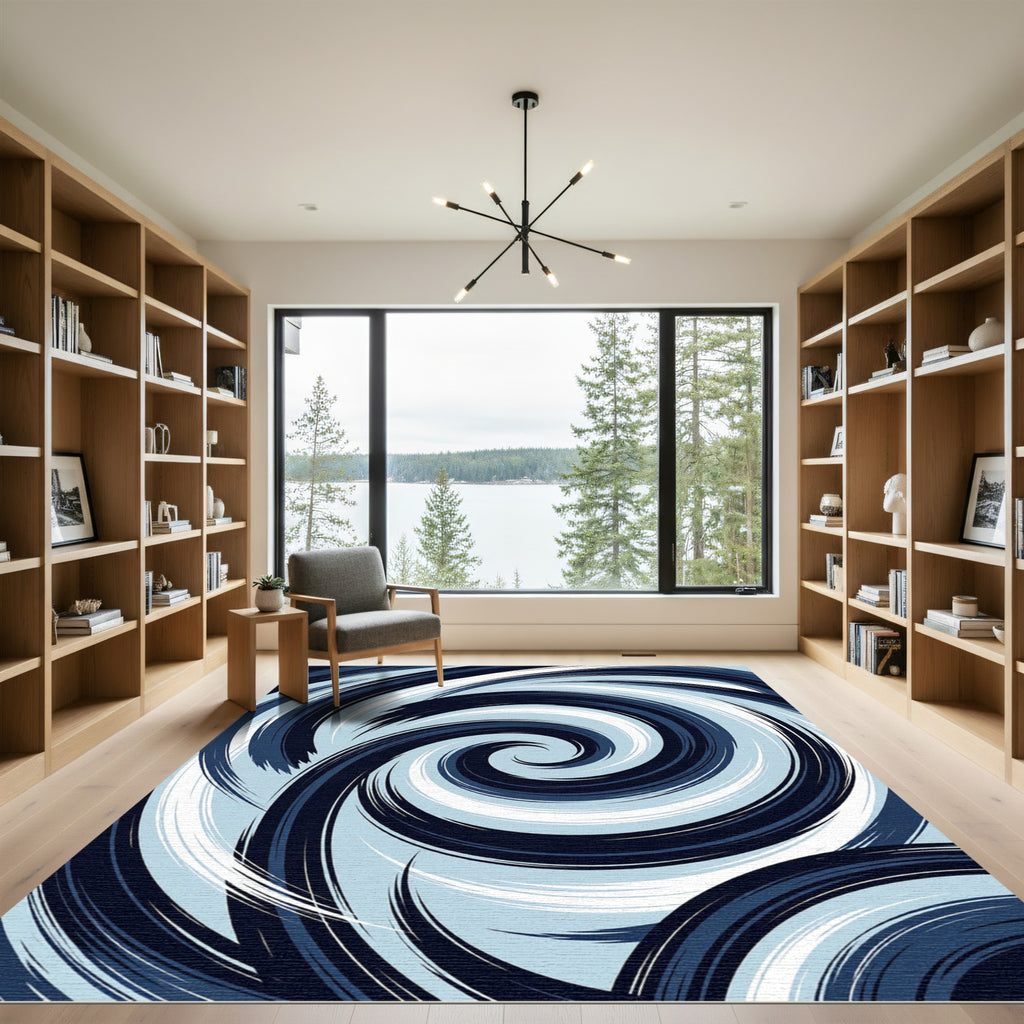 Deep Blue Swirl Abstract Brush Stroke Rug
