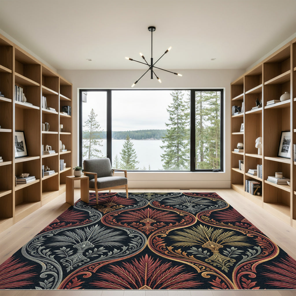 Ornate Crimson and Gold Palmette Tapestry Rug