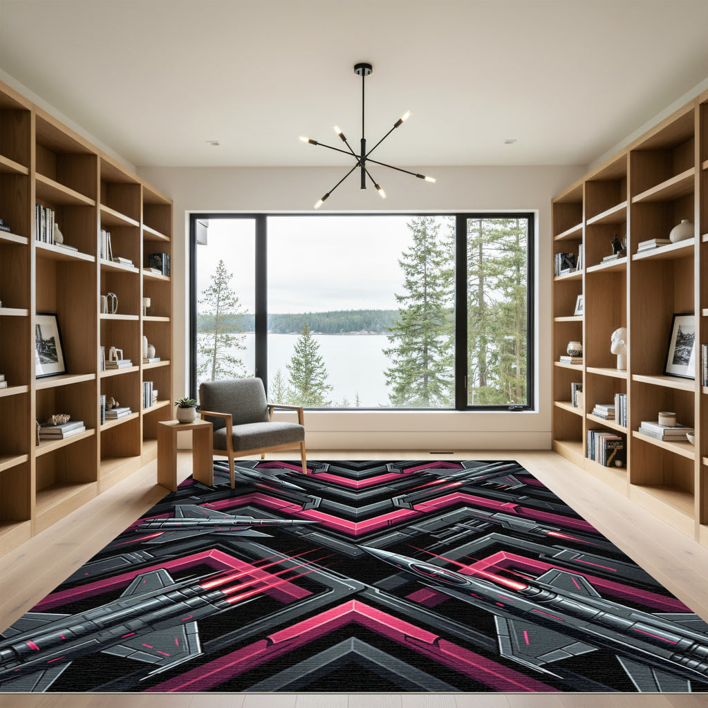 Cyber Jet Fighter Geometric Neon Composition Rug
