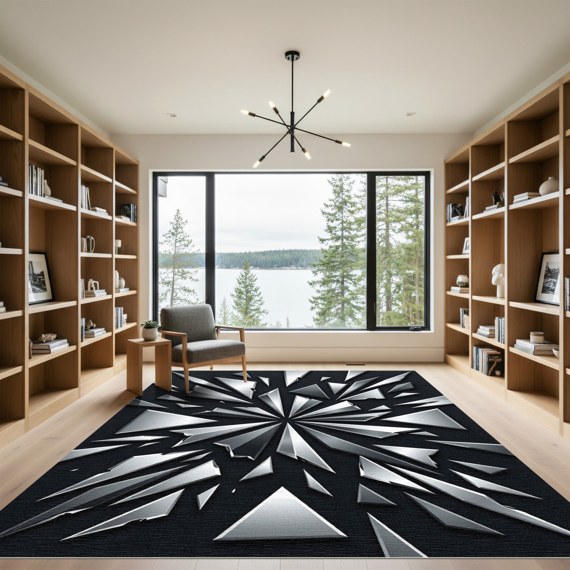 Shattered Silver Geometric Abstract Shards Rug