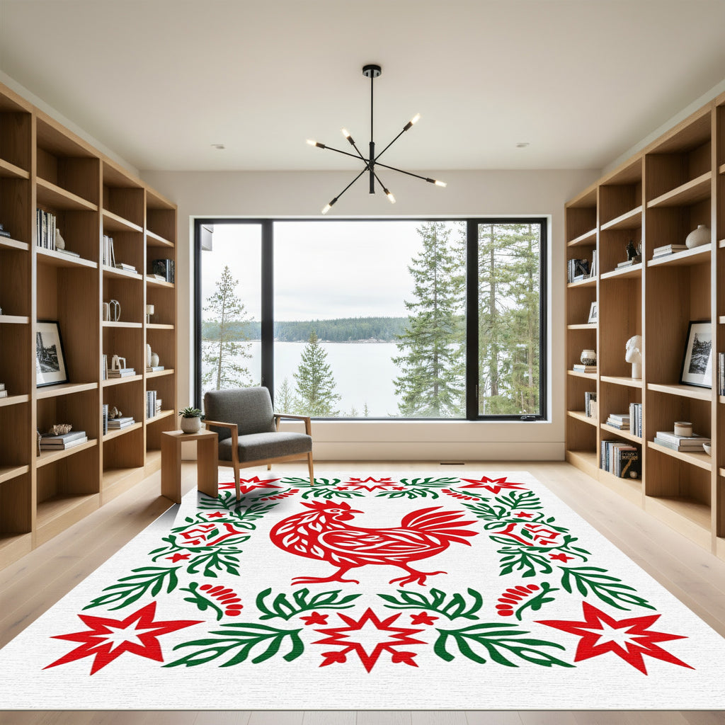 Red Rooster Green Floral Star Border Rug