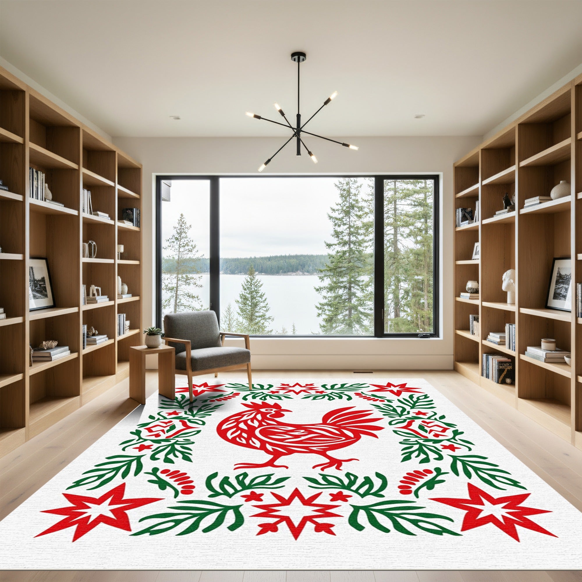 Red Rooster Green Floral Star Border Rug