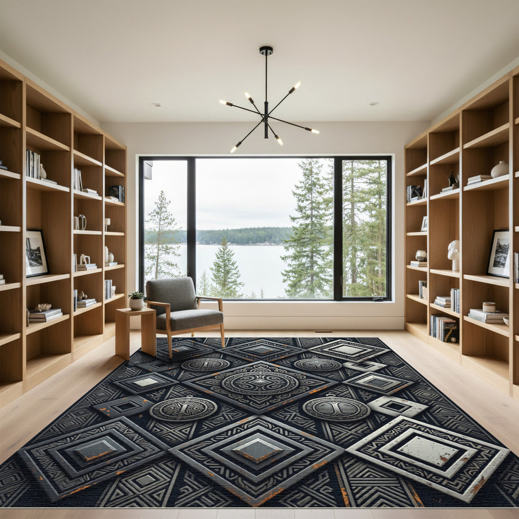Dark Gray Geometric Diamond Medallion Rug