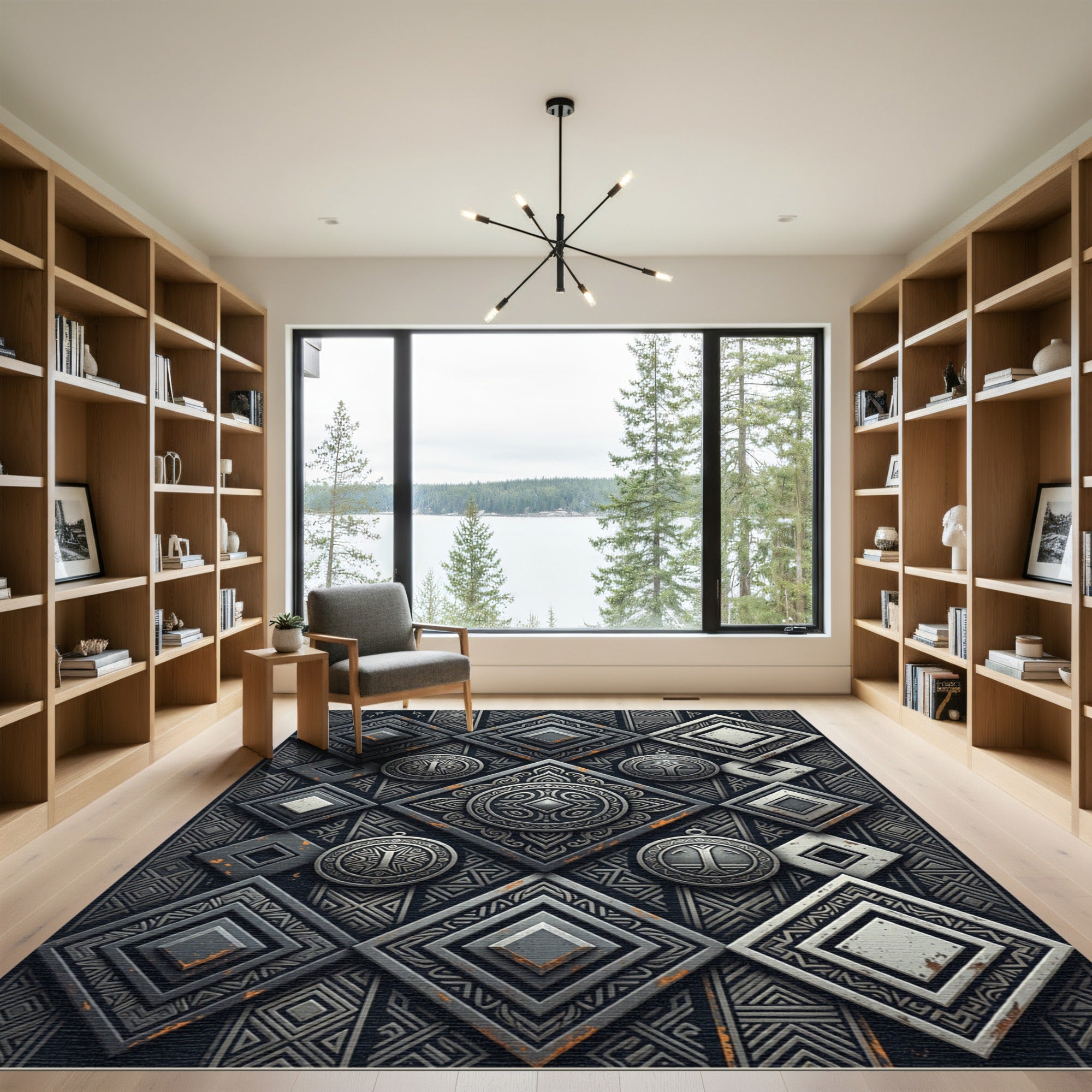 Dark Gray Geometric Diamond Medallion Rug