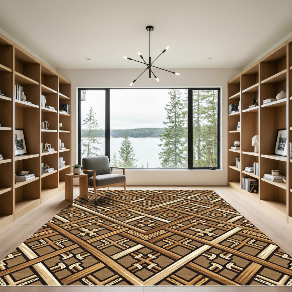 Earthy Geometric Lattice Woven Wood Rug