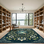 Elegant Blue Floral Crest Heraldic Area Rug