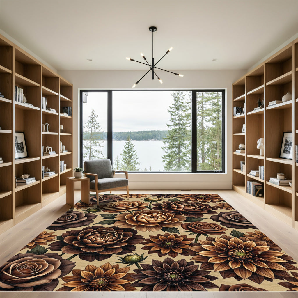 Earthy Brown Floral Botanical Garden Rug