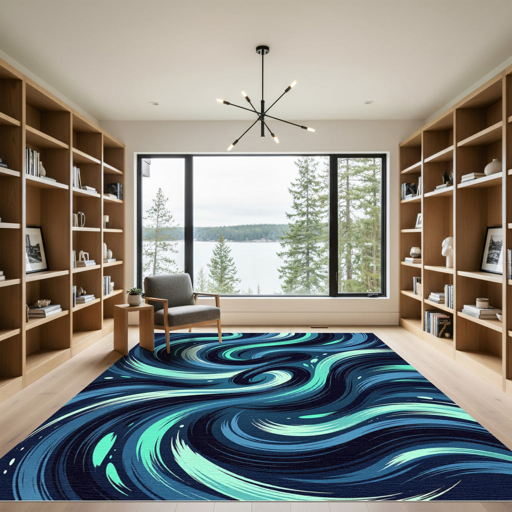 Abstract Teal and Navy Swirling Waves Rug