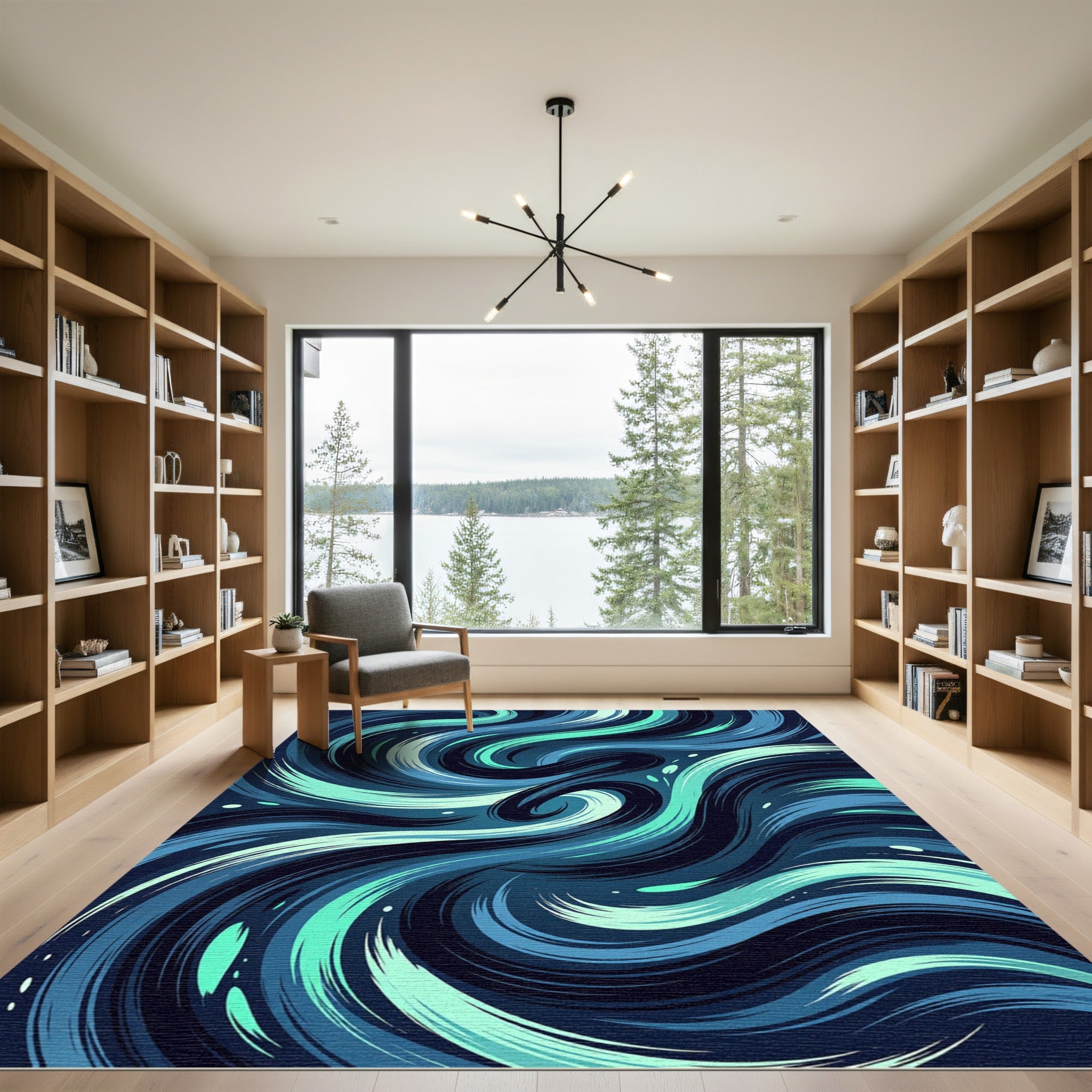 Abstract Teal and Navy Swirling Waves Rug