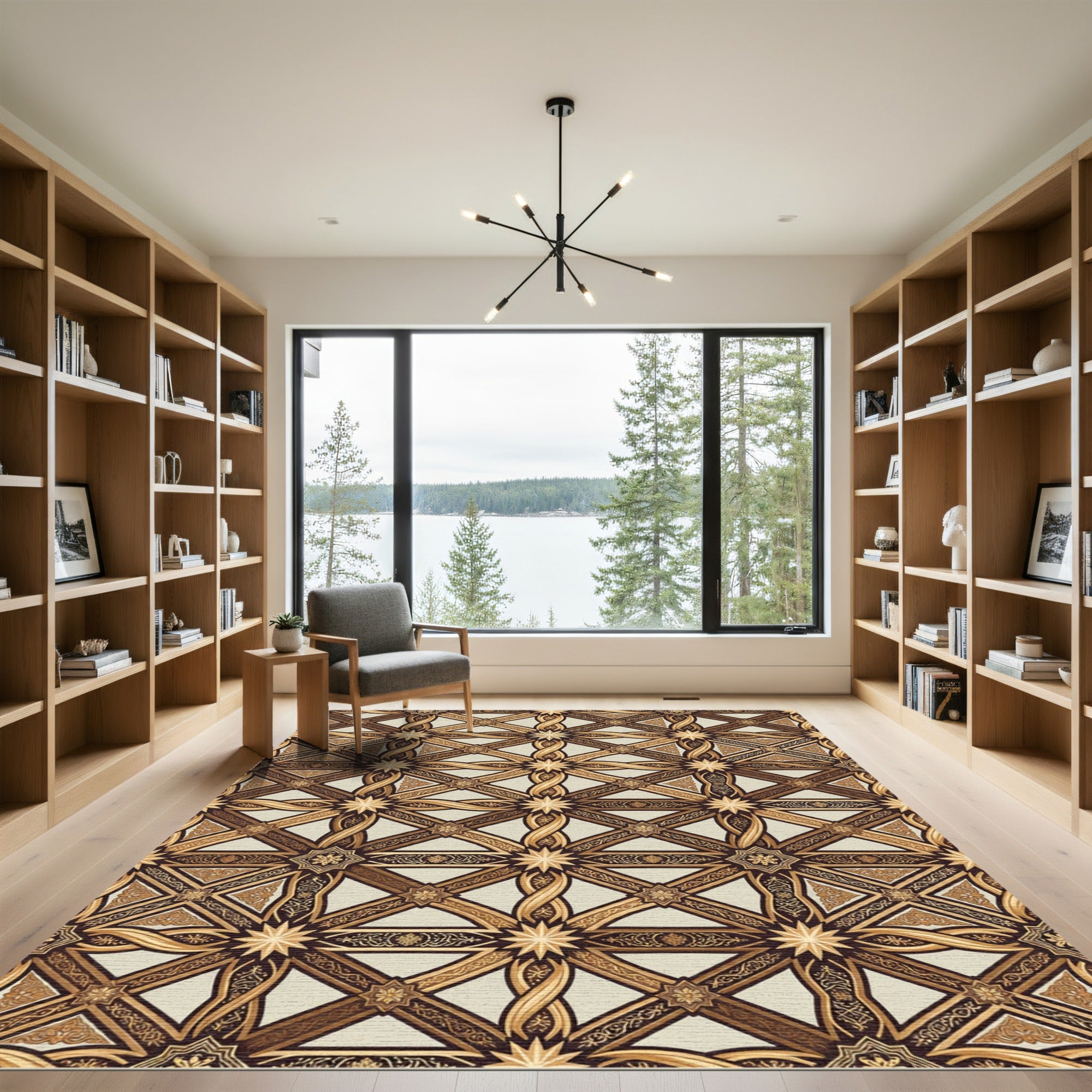 Golden Brown Interlocking Star Geometric Rug