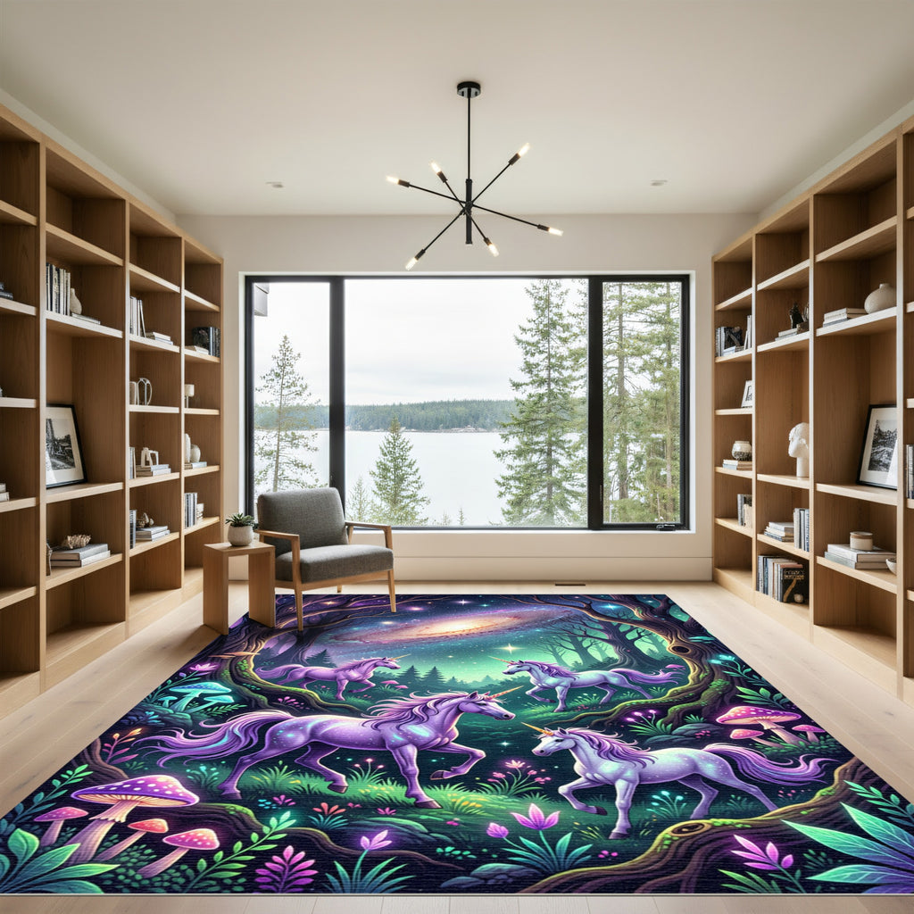 Whimsical Unicorn Enchanted Galaxy Forest Rug
