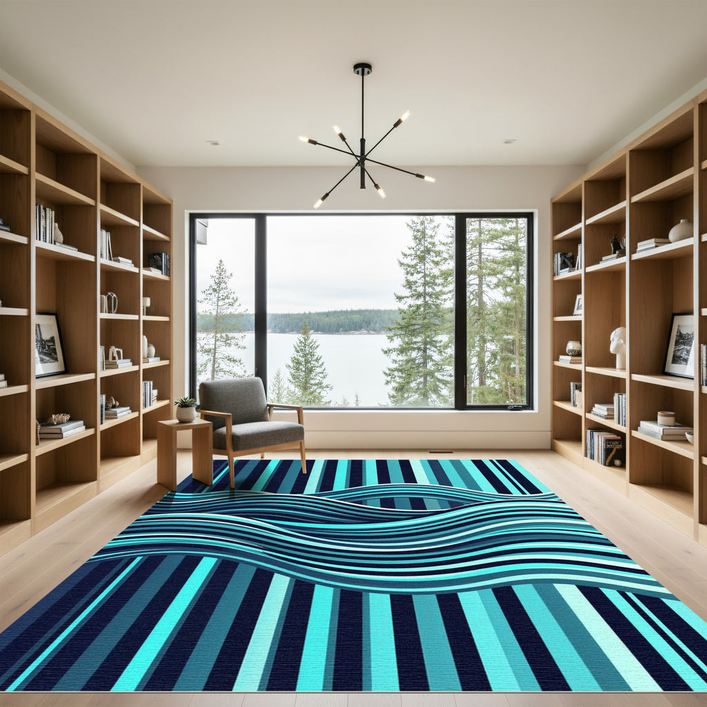 Deep Ocean Blue Wave Stripes Rug