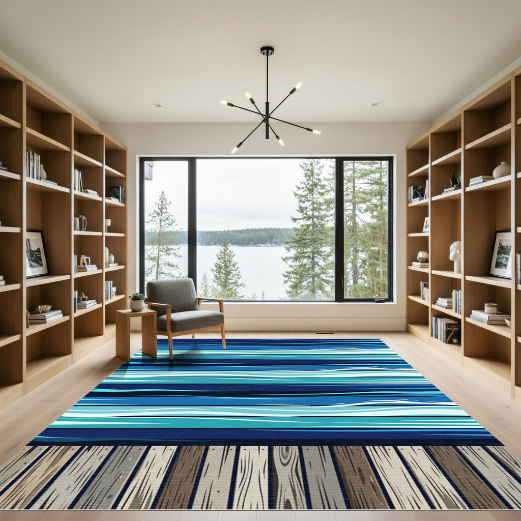 Coastal Blue Wave Plank Floor Art Rug