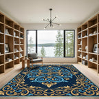 Ornate Blue and Gold Paw Scroll Rug