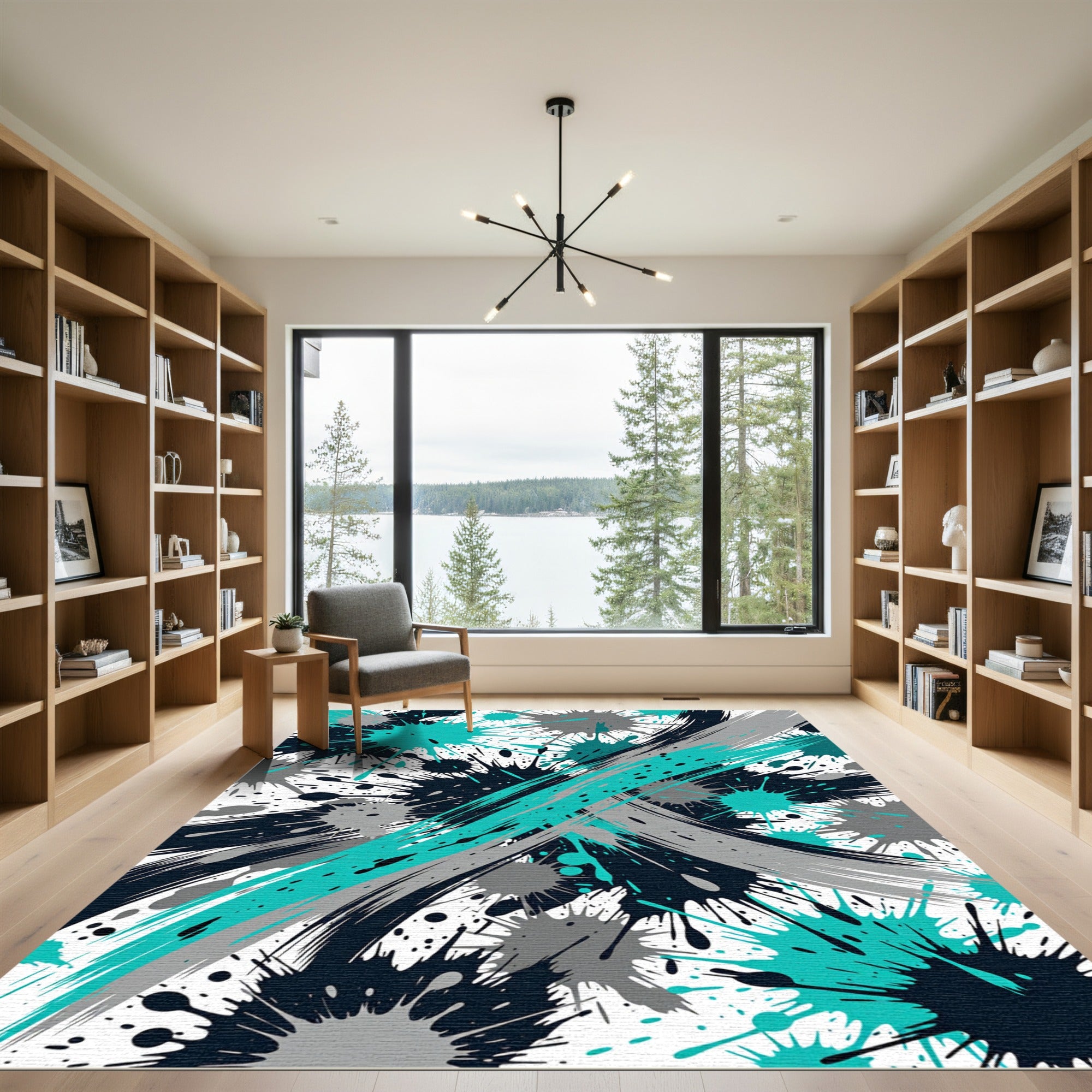 Teal Black Gray Splatter Brushstrokes Rug