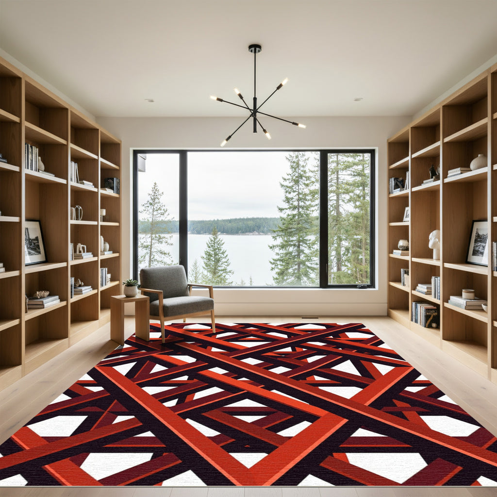 Bold Geometric Crimson Intersecting Lines Rug