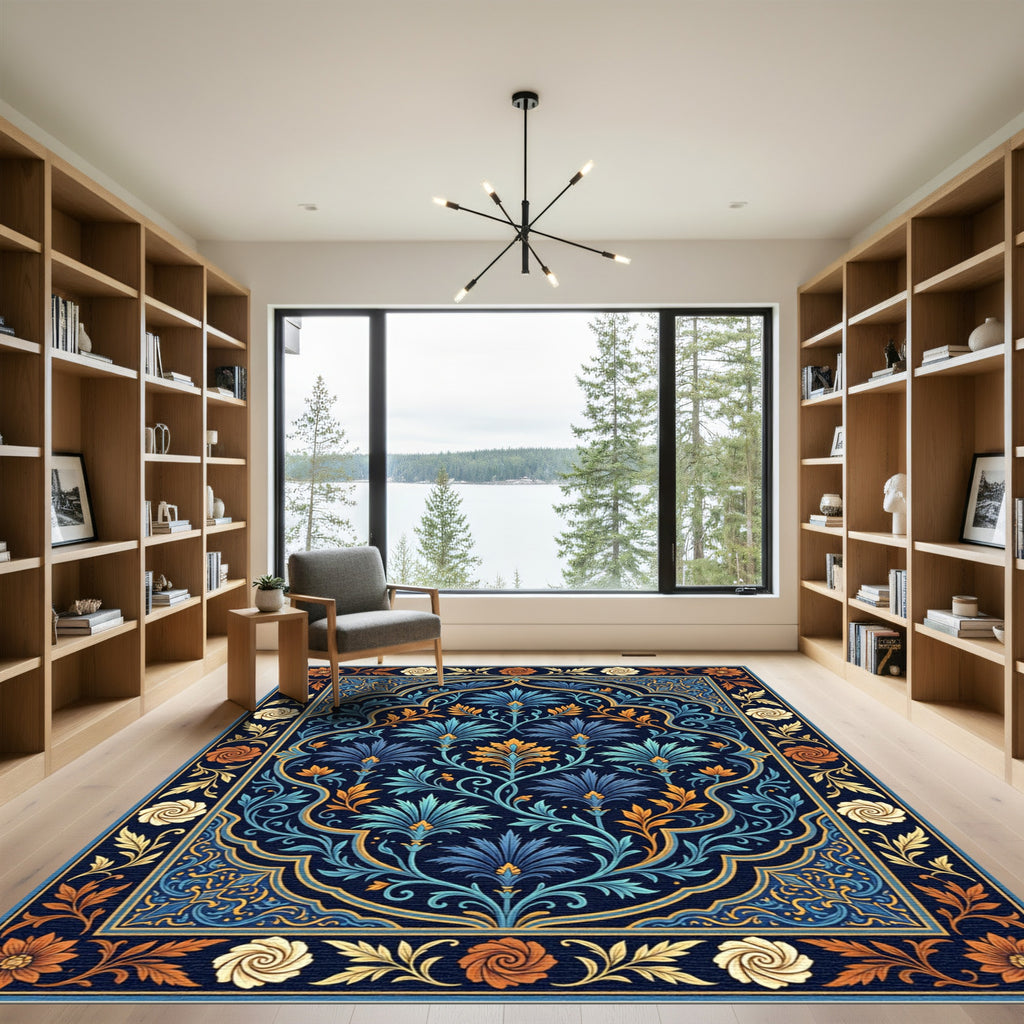 Ornate Blue Golden Floral Arch Rug