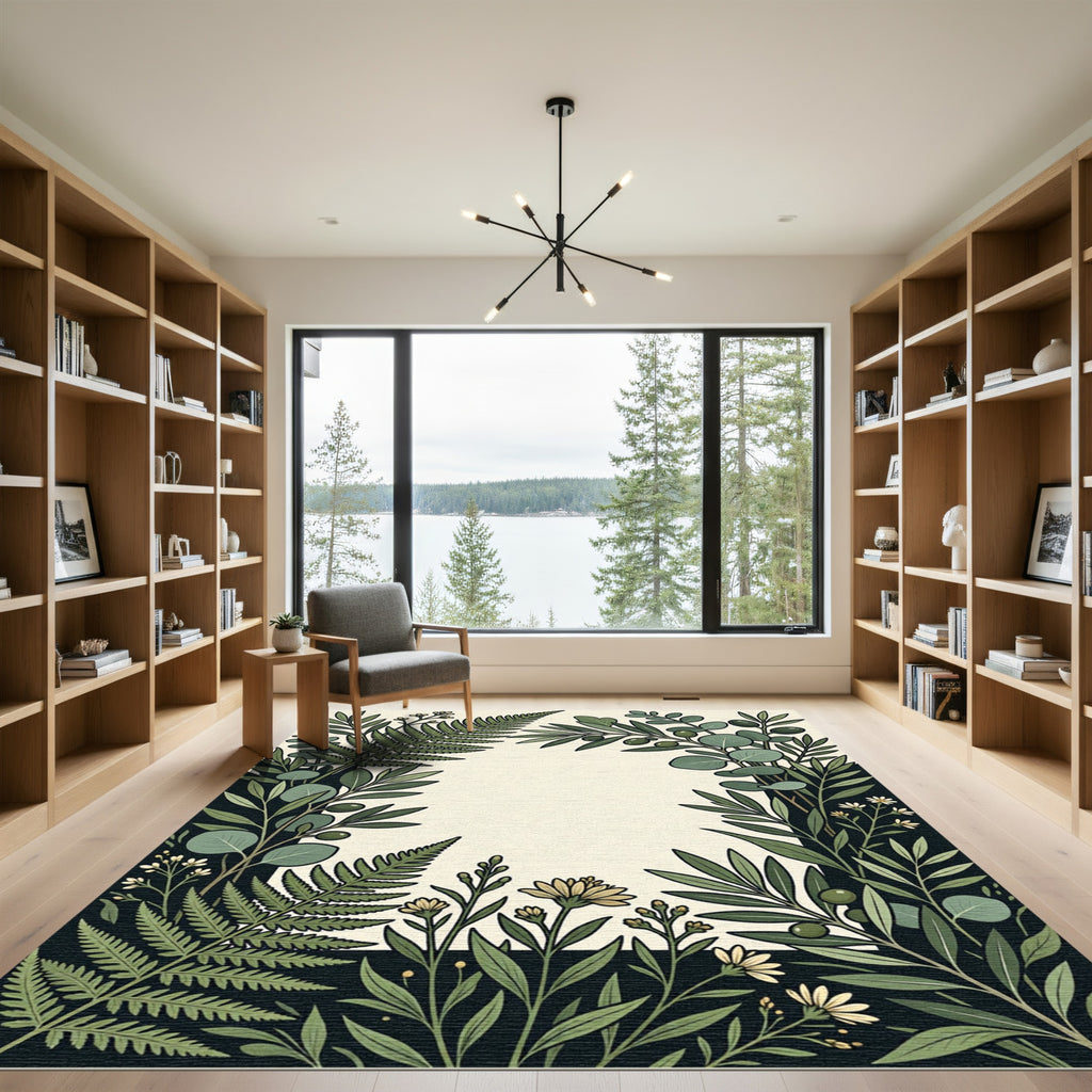 Green Floral Fern Olive Branch Botanical Rug