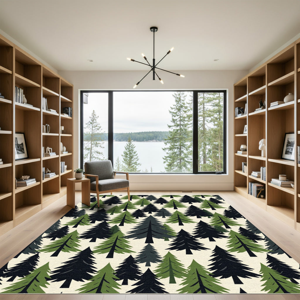 Earthy Green Forest Pine Tree Rug