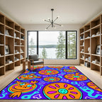 Whimsical Orange Wheel Faces Blue Waves Rug