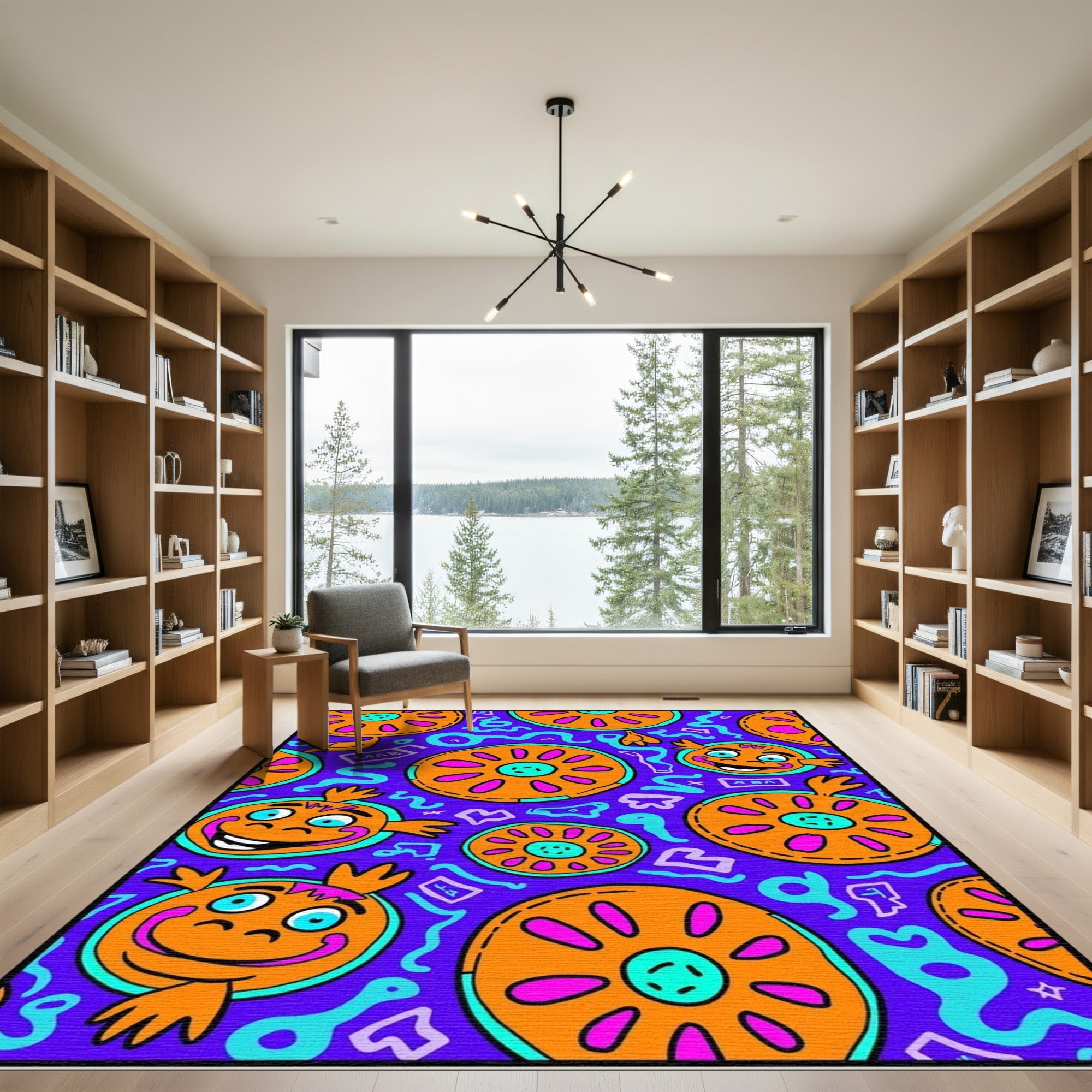 Whimsical Orange Wheel Faces Blue Waves Rug