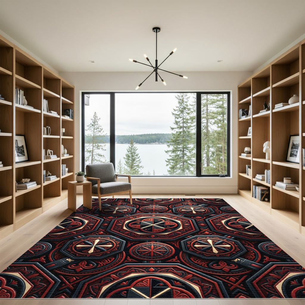Gothic Crimson Octagon Geometric Medallion Rug