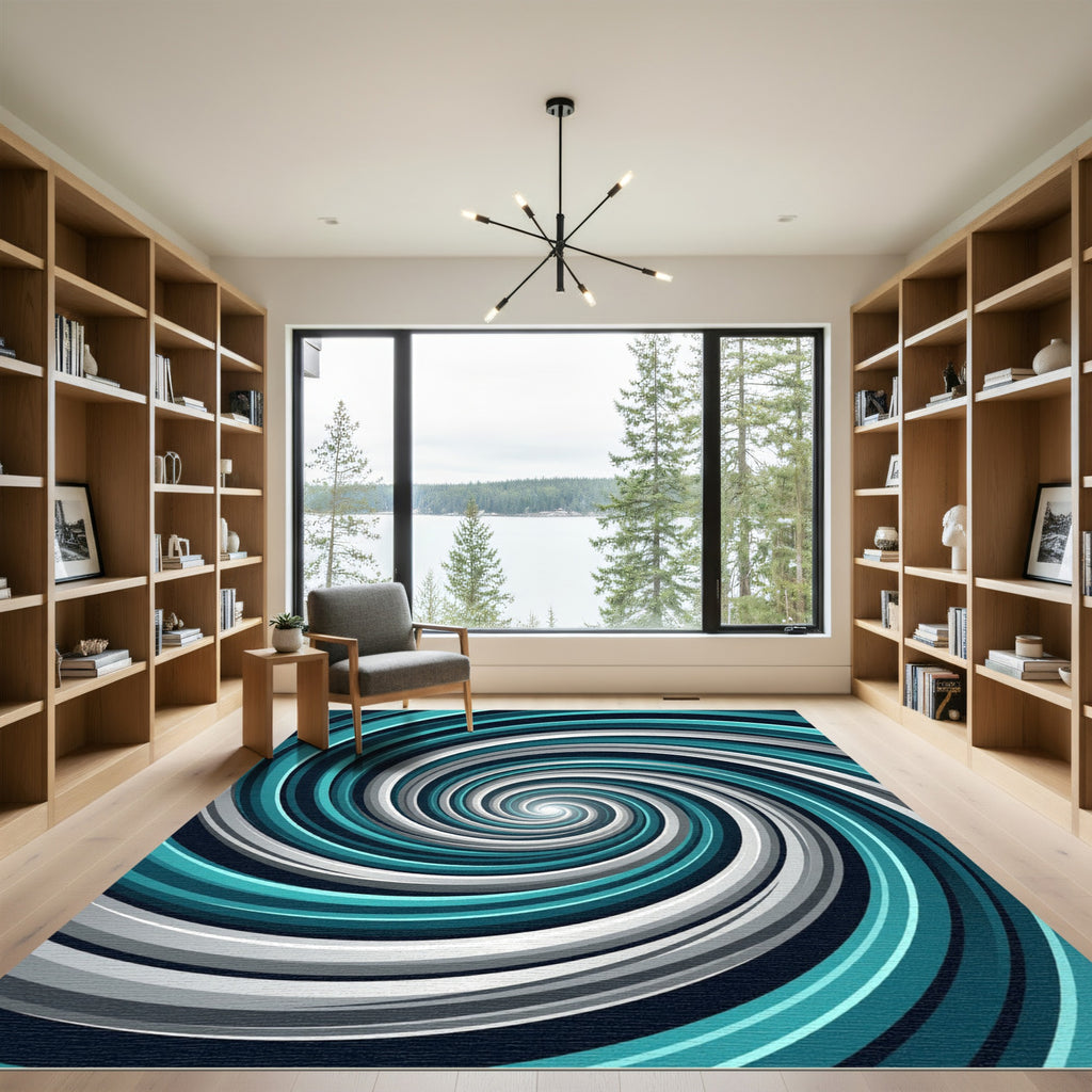 Modern Teal and Silver Swirl Vortex Rug
