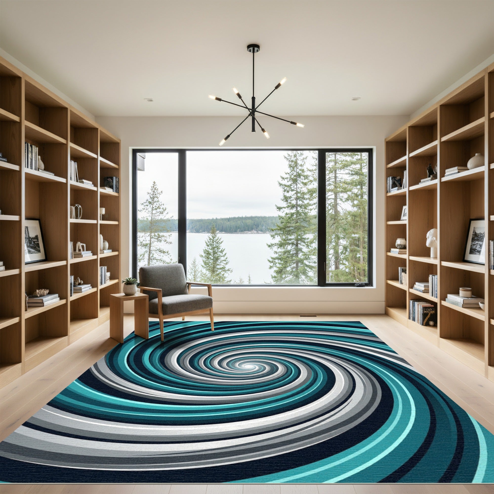 Modern Teal and Silver Swirl Vortex Rug
