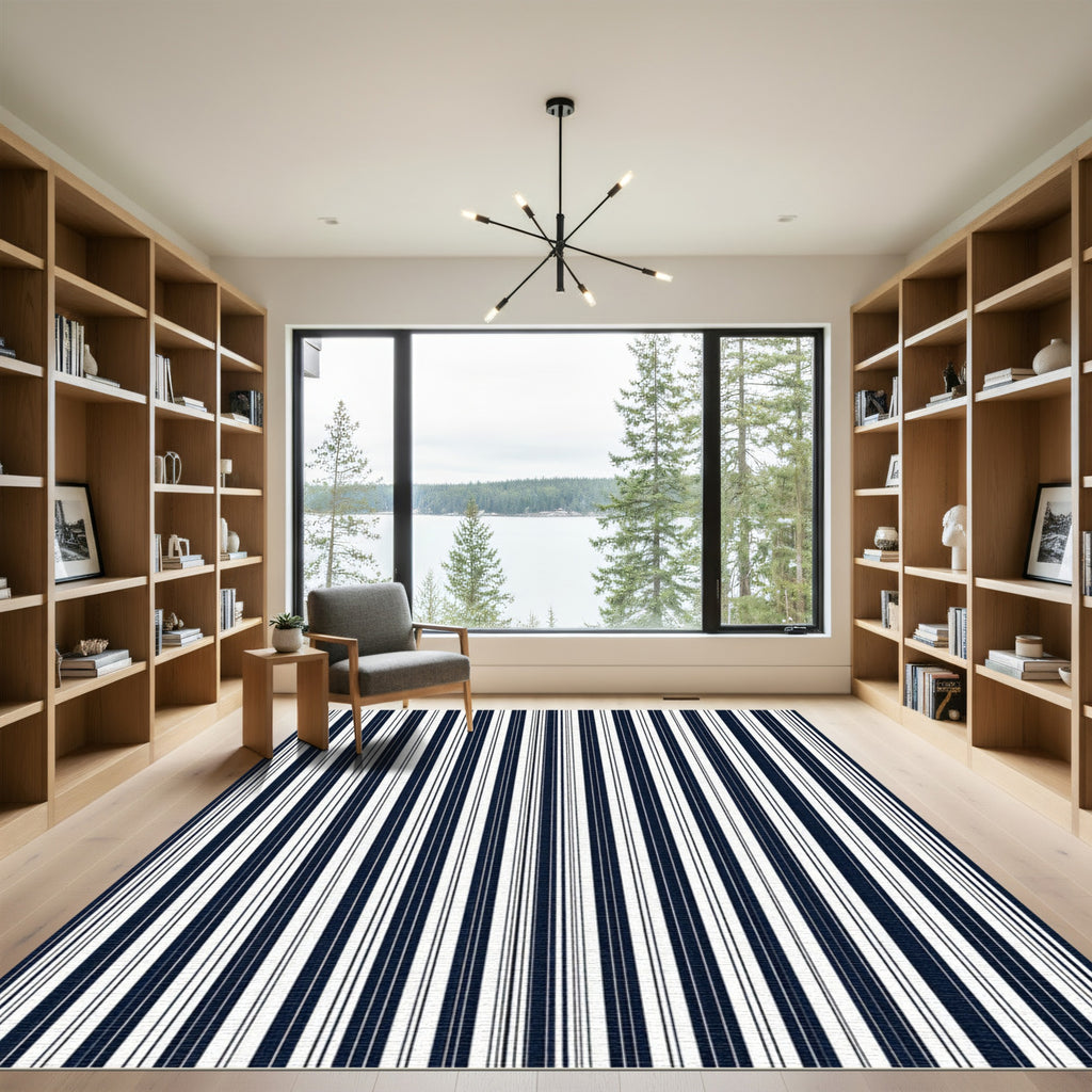 Modern Navy White Vertical Stripe Rug