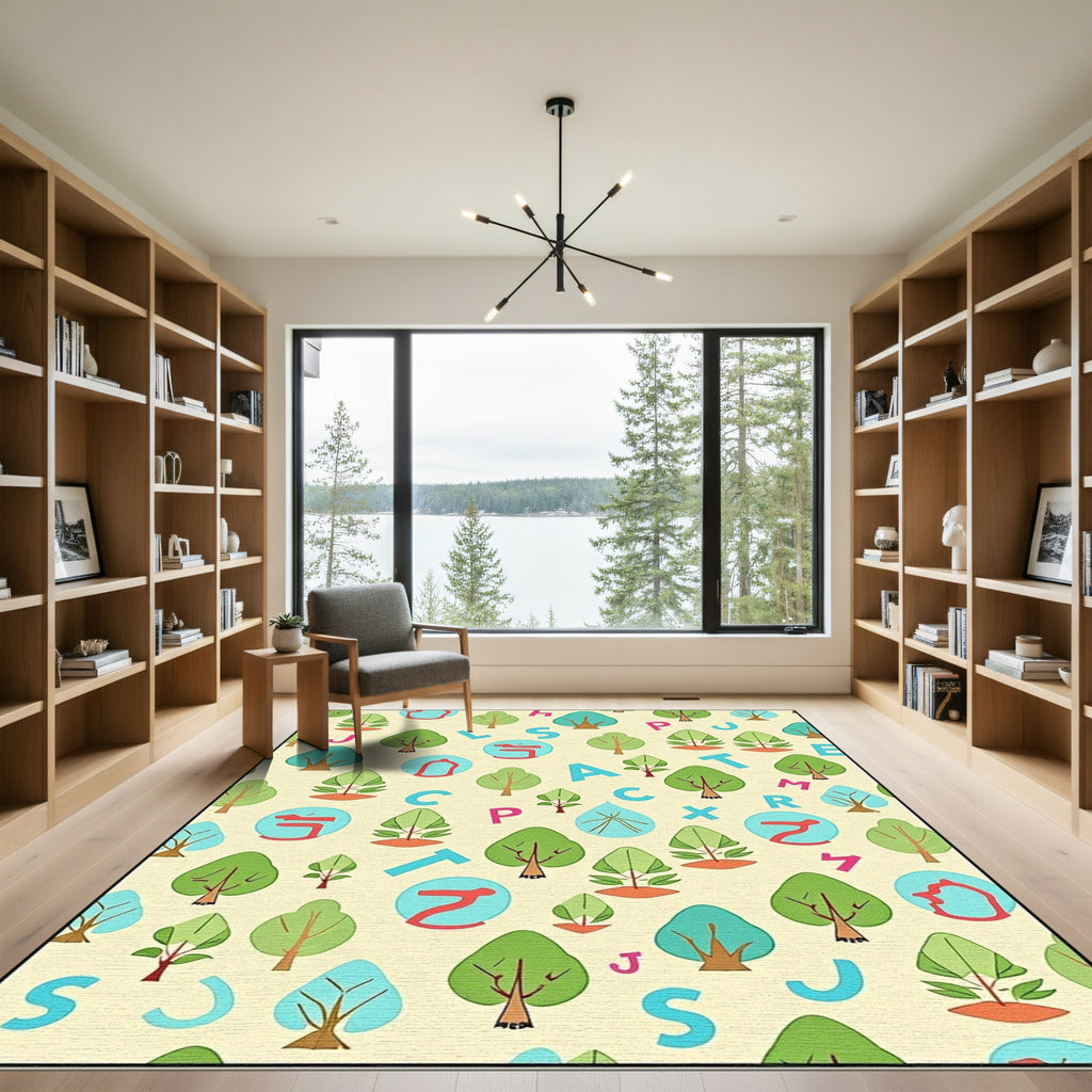 Playful Trees Alphabet Yellow Background Rug