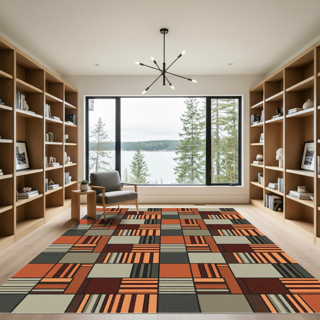 Midcentury Modern Geometric Burnt Orange Brick Grid Rug