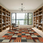 Midcentury Modern Geometric Burnt Orange Brick Grid Rug