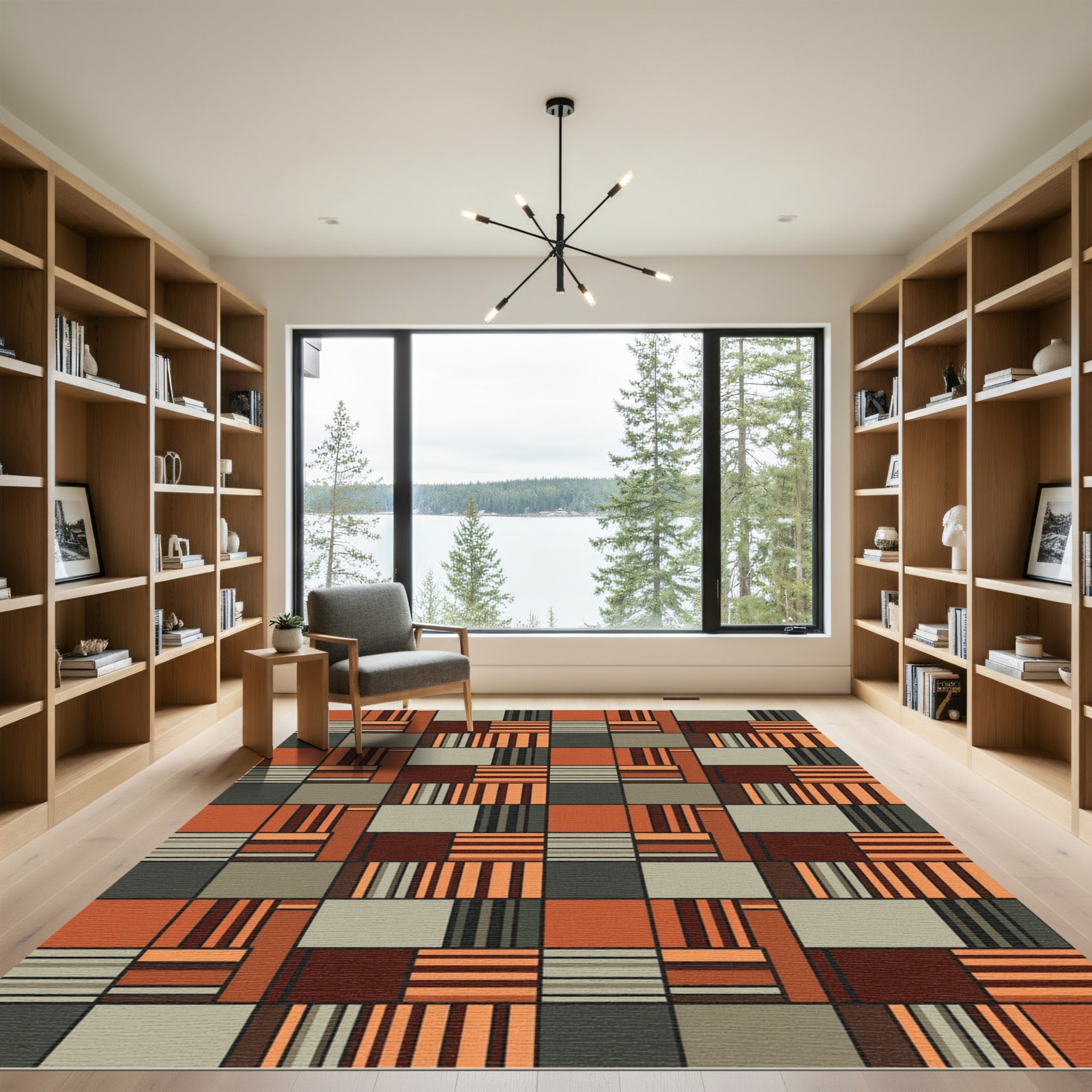 Midcentury Modern Geometric Burnt Orange Brick Grid Rug