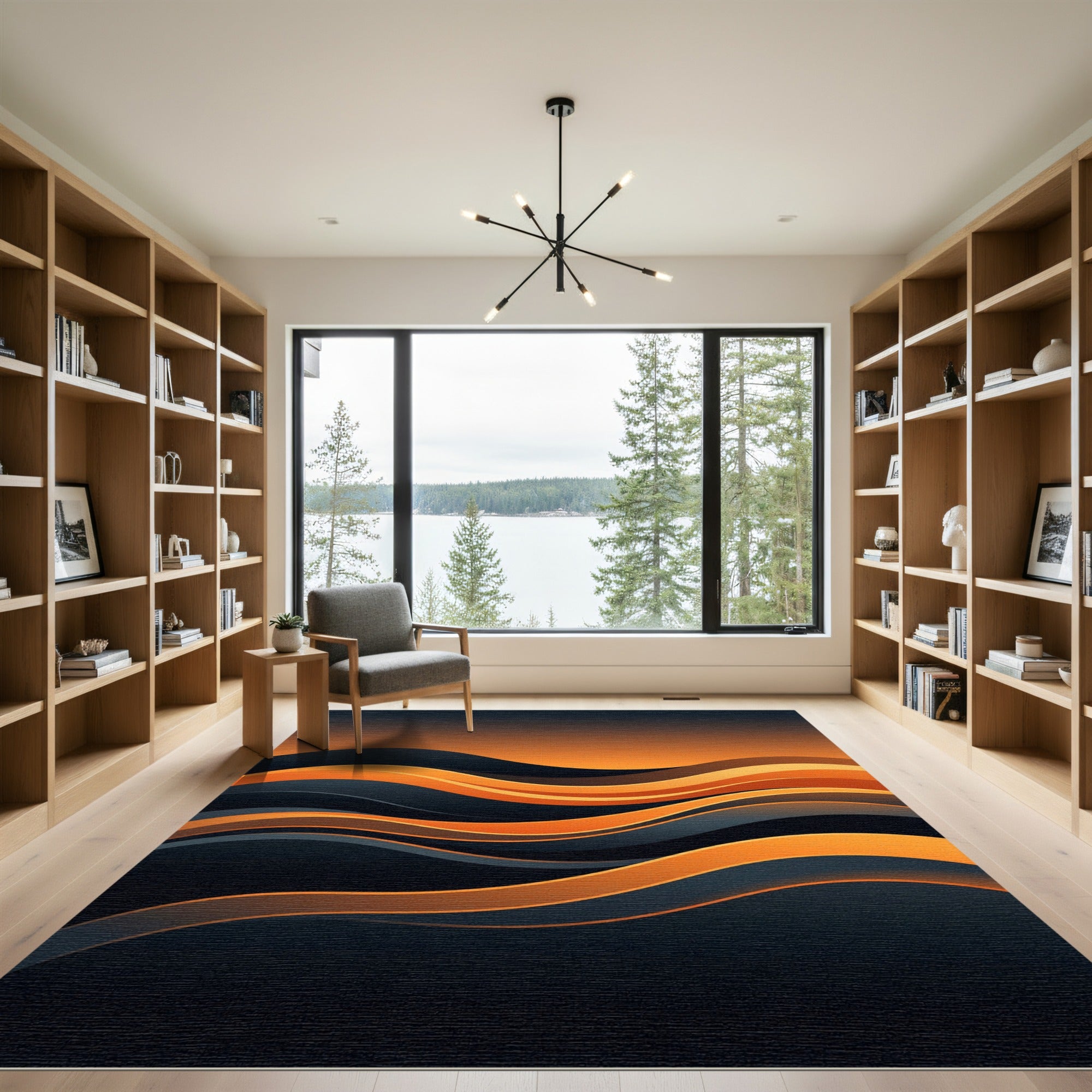 Modern Abstract Amber Black Wave Rug