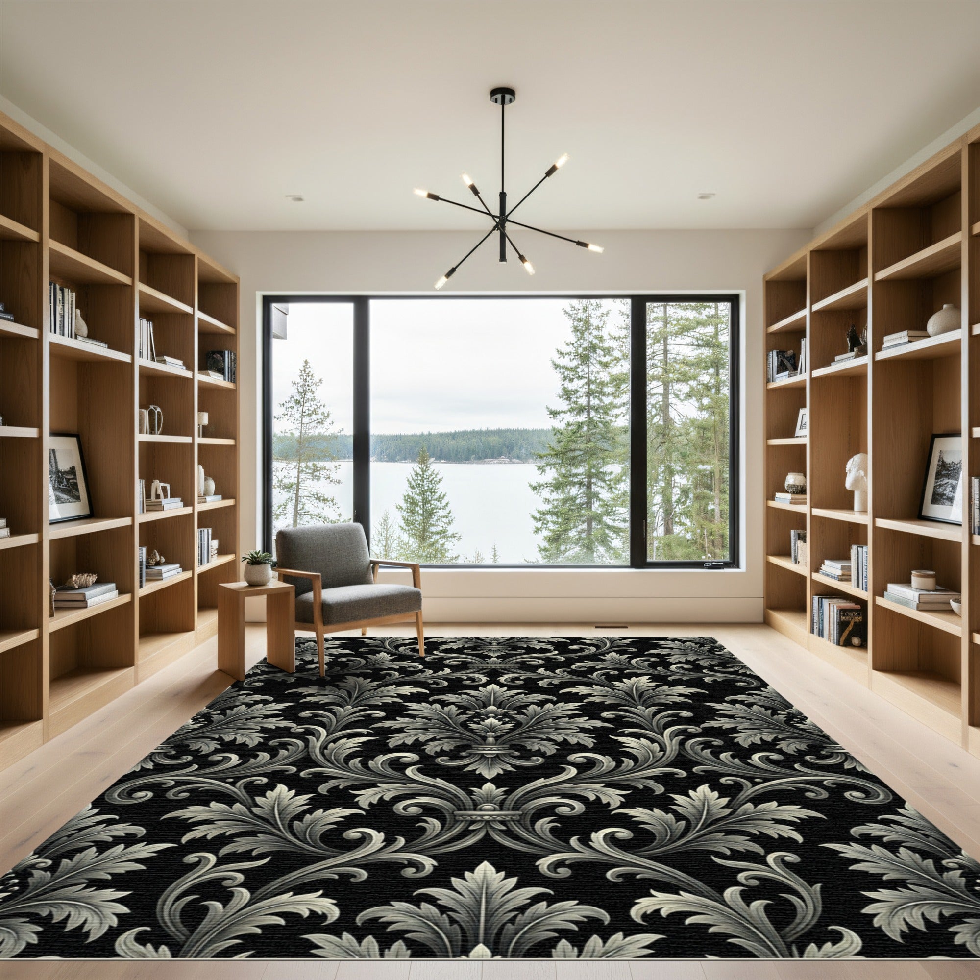 Black White Acanthus Scroll Baroque Rug