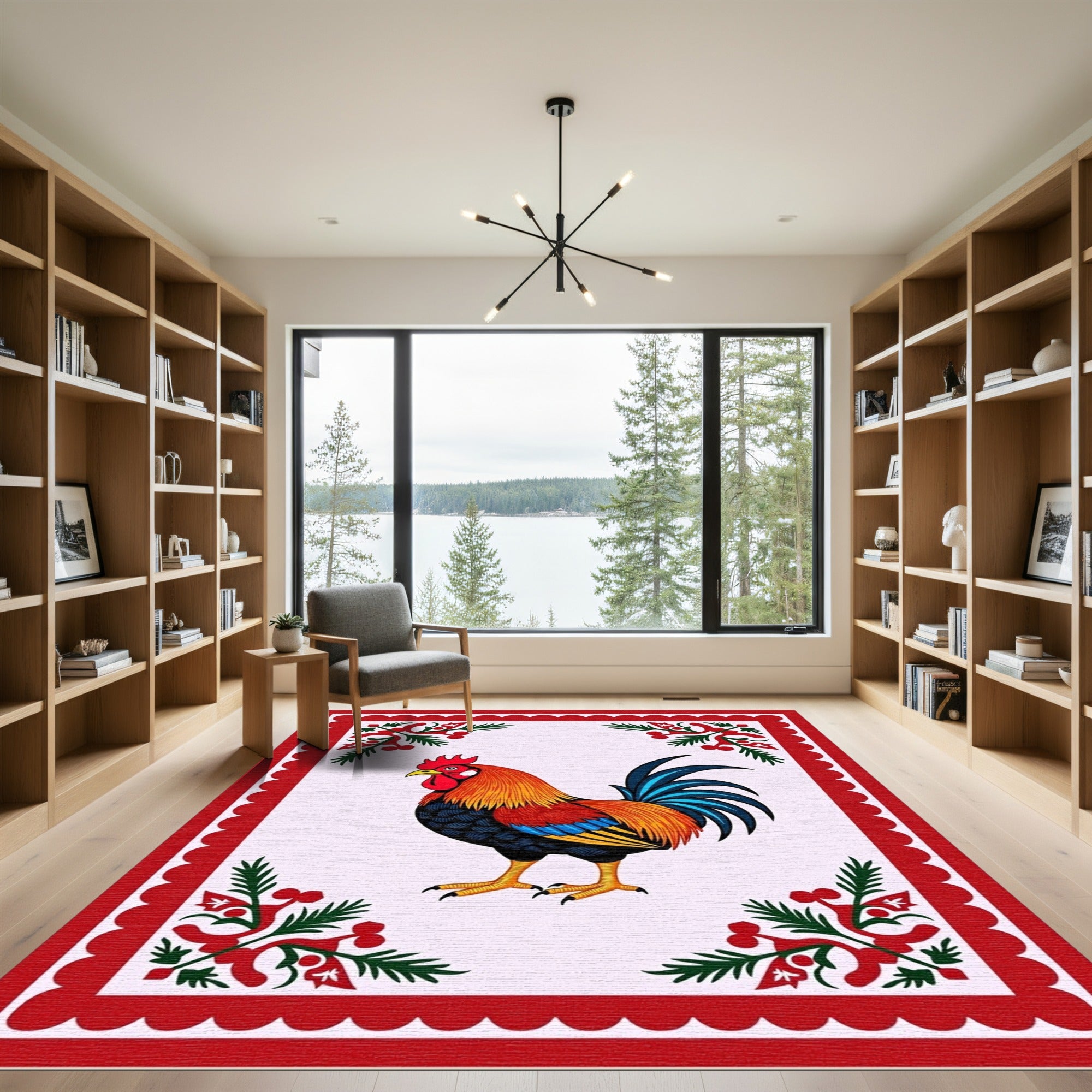 Vibrant Rooster Red Green Border Rug