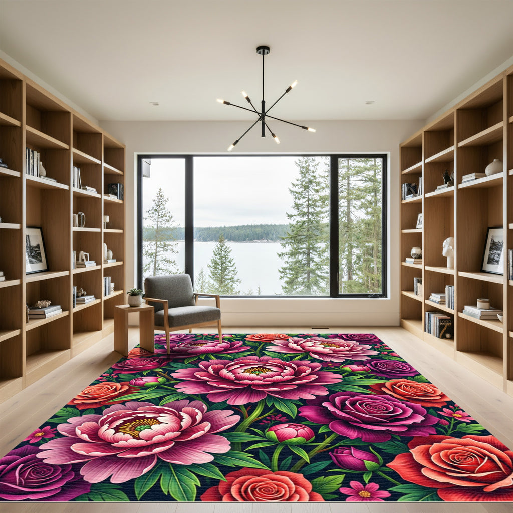 Vibrant Pink Peony Rose Garden Rug