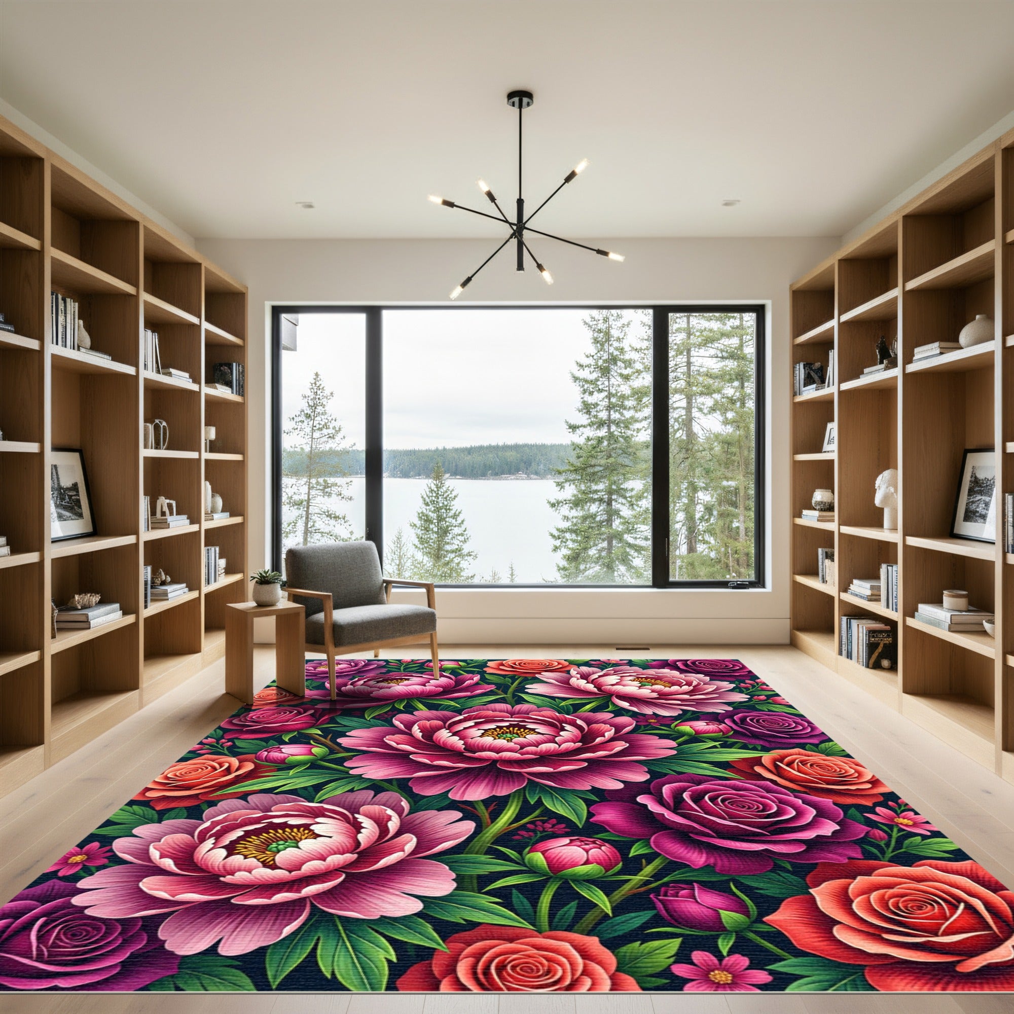 Vibrant Pink Peony Rose Garden Rug