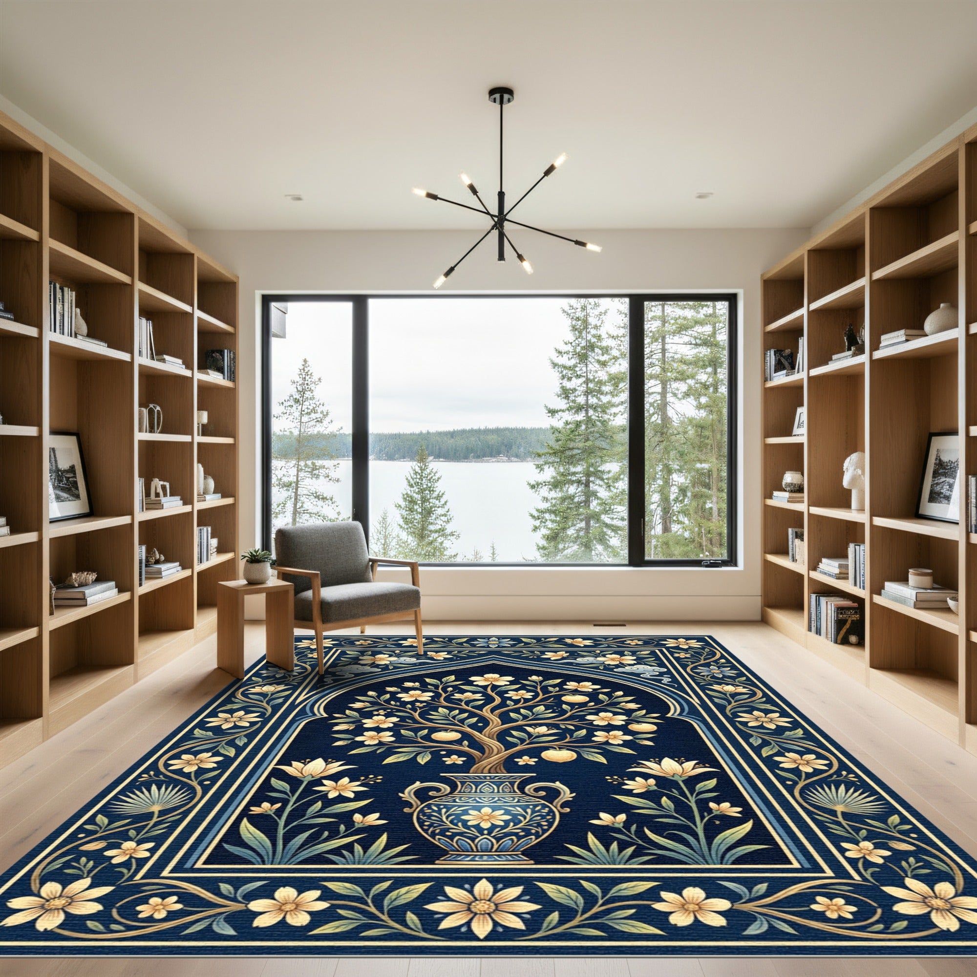 Elegant Midnight Blue Floral Urn Area Rug