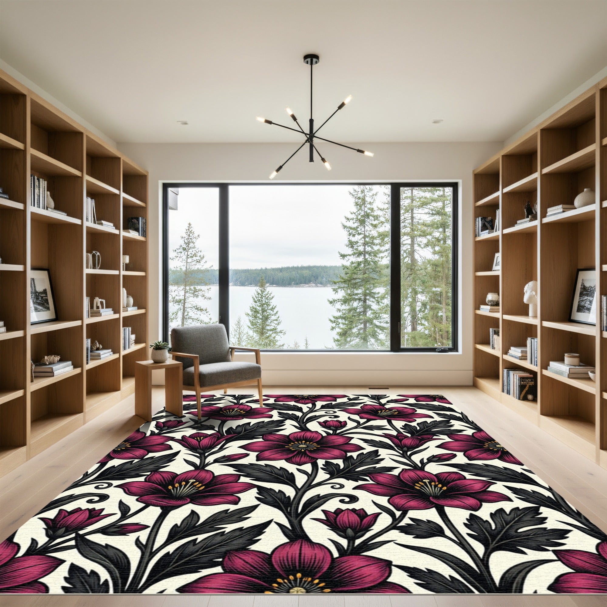 Dramatic Magenta Floral Botanical Scroll Rug
