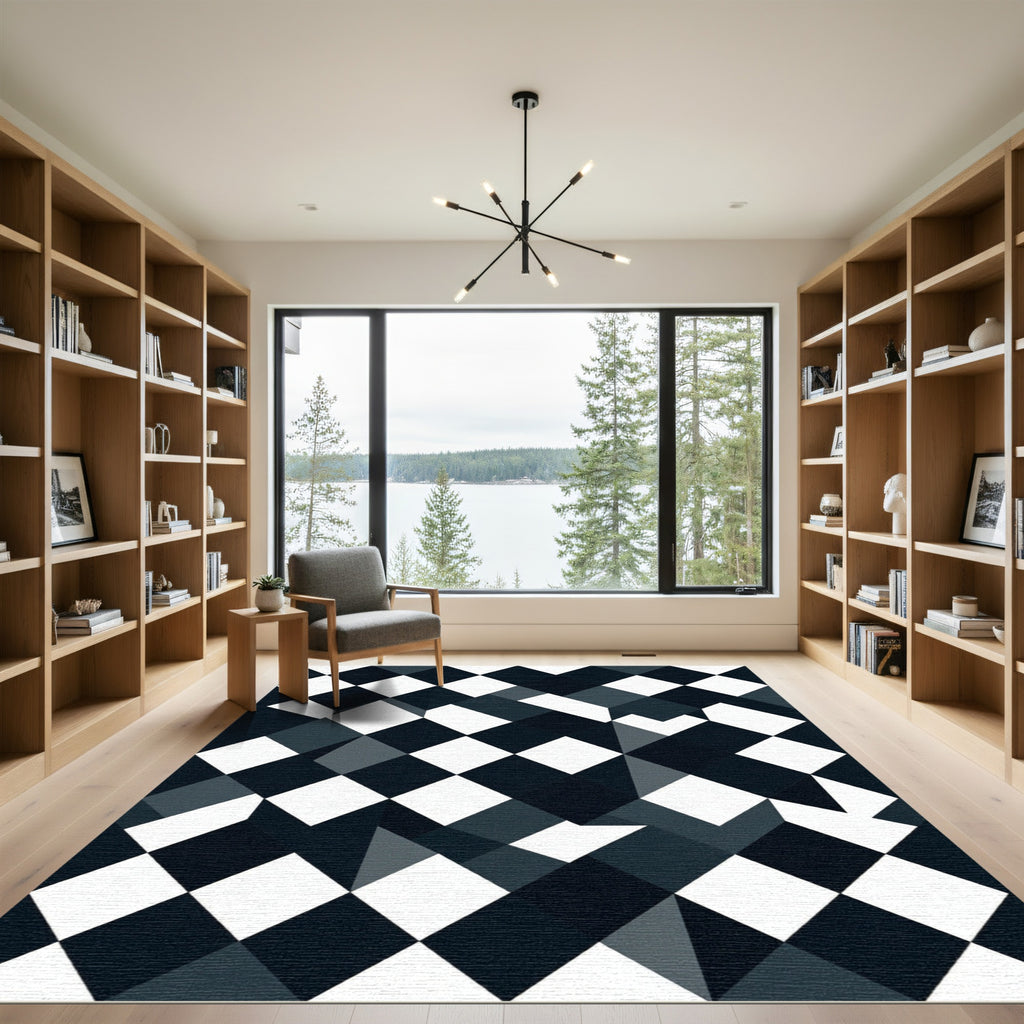 Monochromatic Geometric Black White Diamond Rug