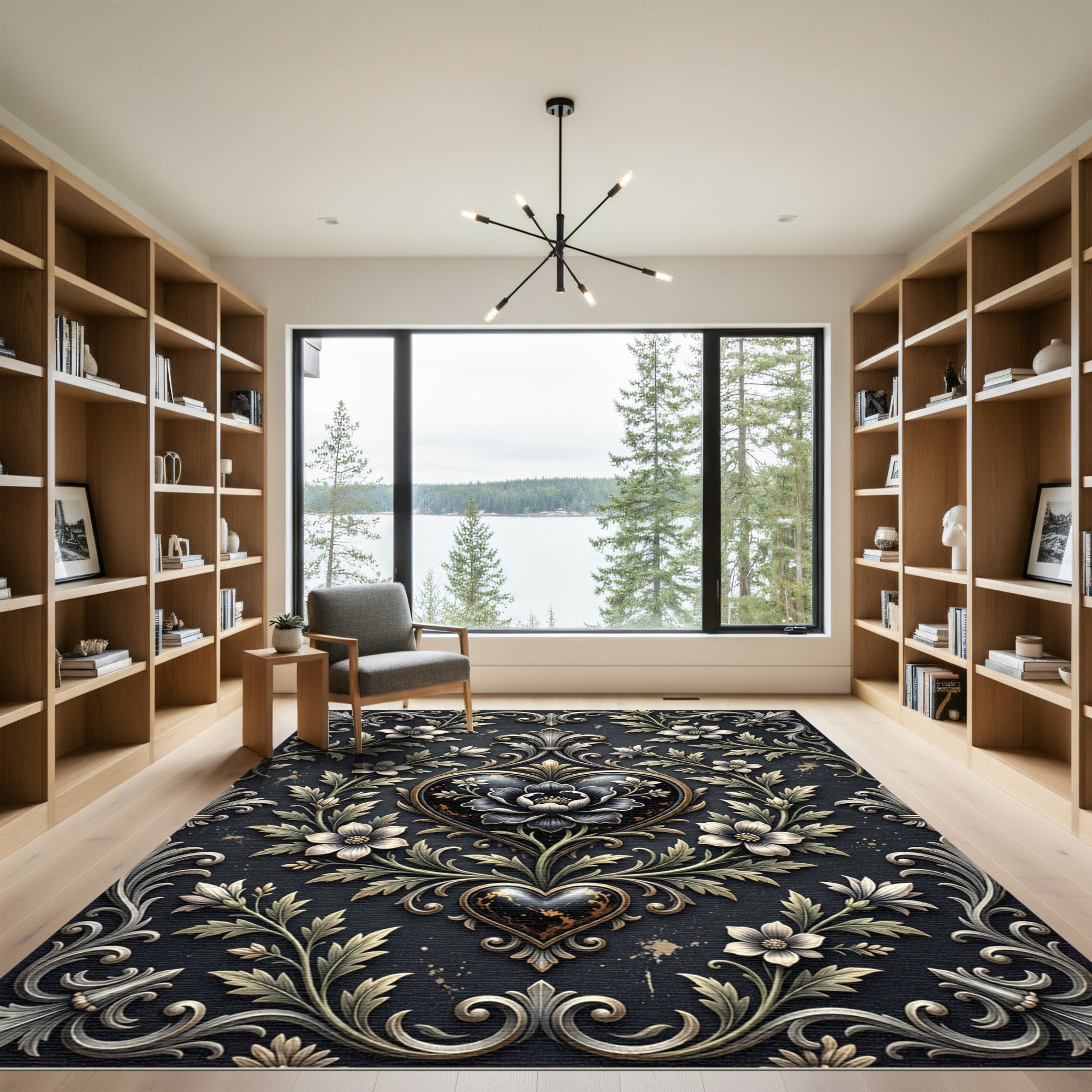 Gothic Black Heart Floral Damask Rug
